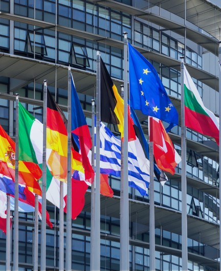 Flags of European Nations and the EU outside the EU parliament building